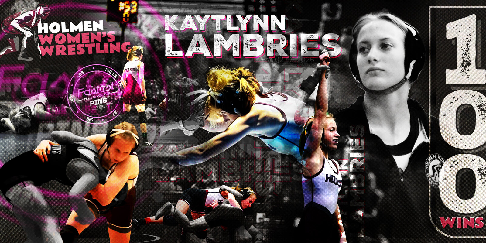 Graphic celebrating Kaytlynn Lambries reaching 100 career wins for Holmen Women's Wrestling