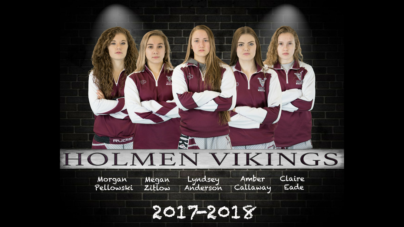 2017-2018 Holmen Vikings team graphic featuring Morgan Pellowski, Megan Zitlow, Lyndsey Anderson, Amber Callaway, and Claire Eade